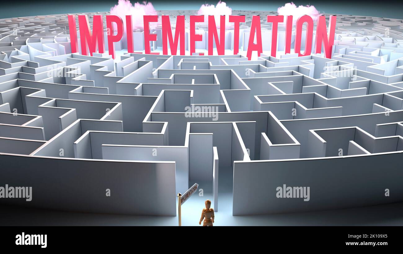 Implementation and a challenging path that leads to it - confusion and frustration in seeking it, complicated journey to Implementation,3d illustratio Stock Photo