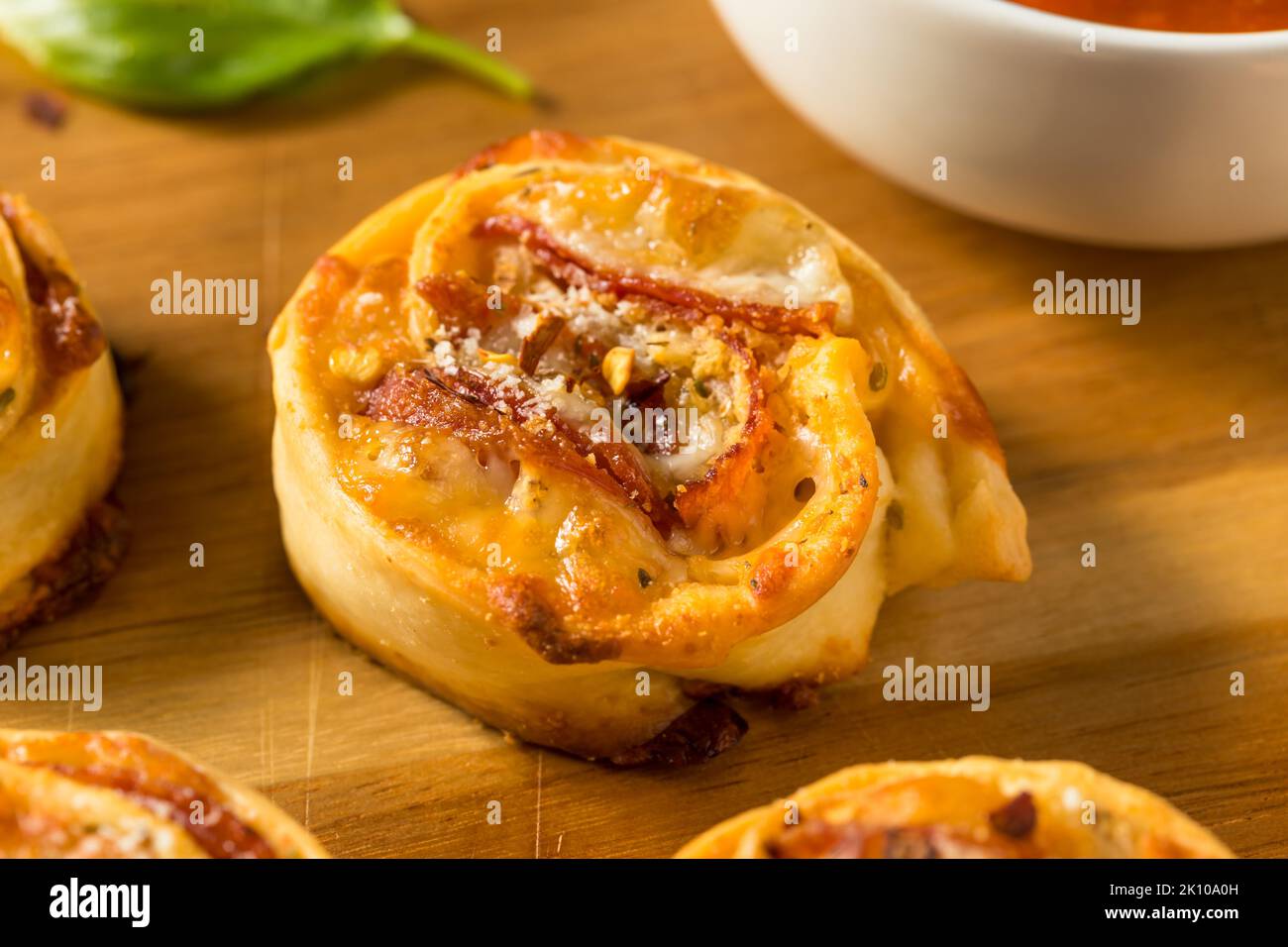 Homemade PIzza Roll Appetizers with Cheese and Marinara Sauce Stock