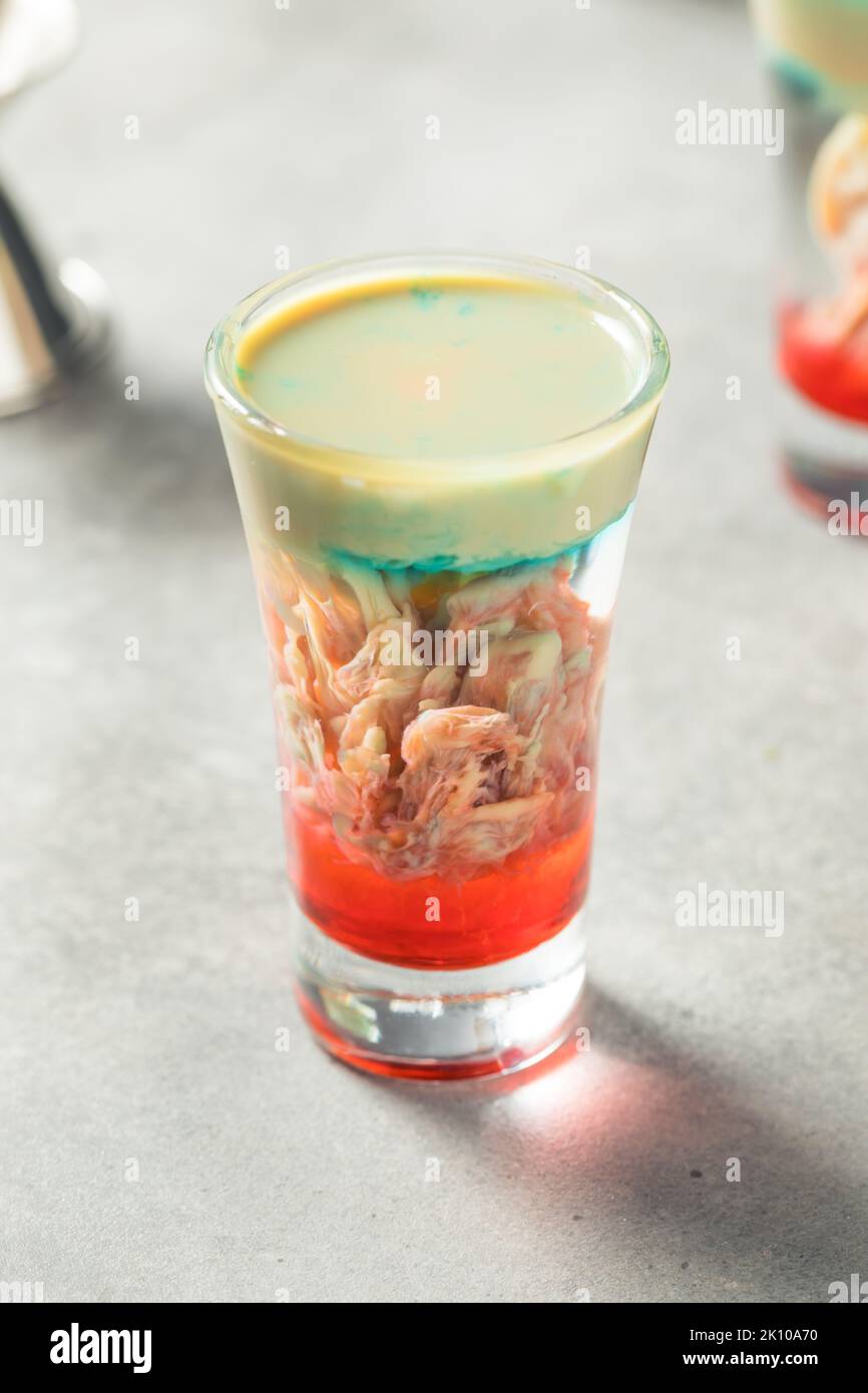 Boozy Alien Brain Hemorrhage Shot Cocktail for Halloween Stock Photo