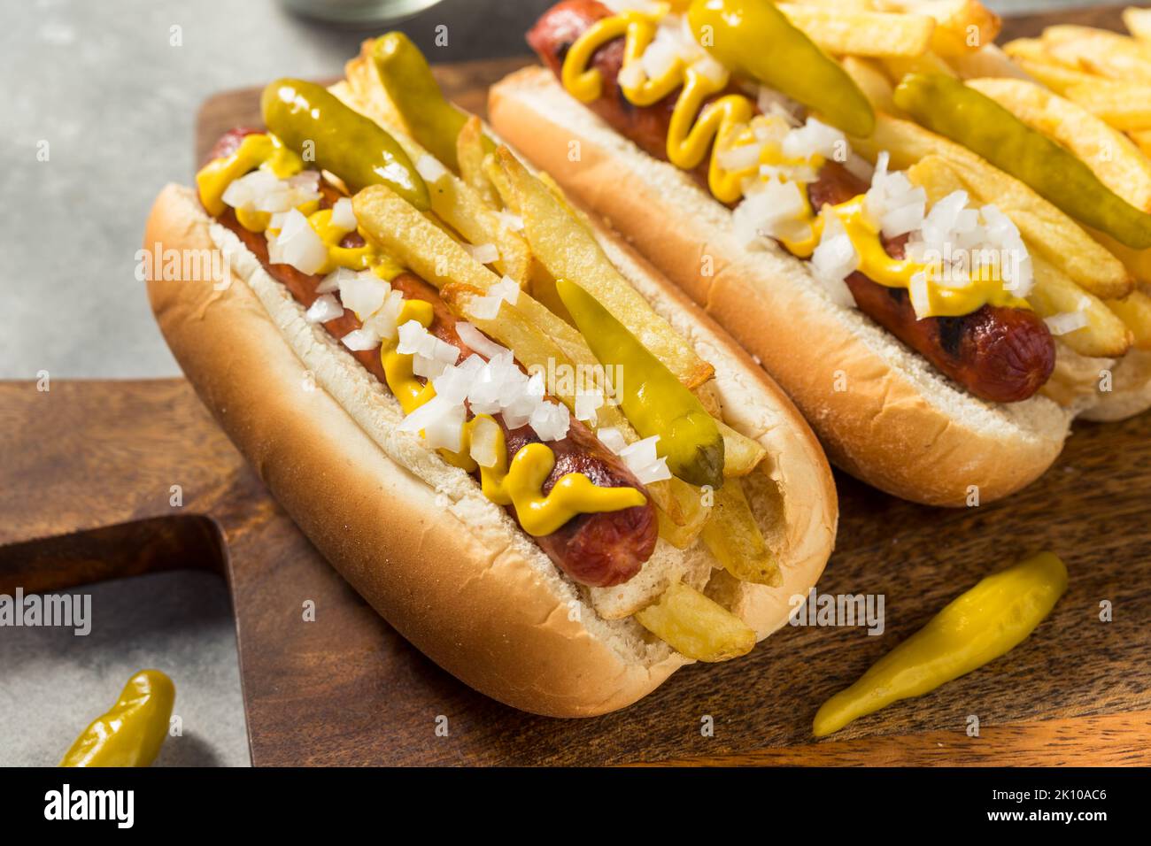 Homemade Chicago Style Depression Dog with Fries Mustard Peppers and