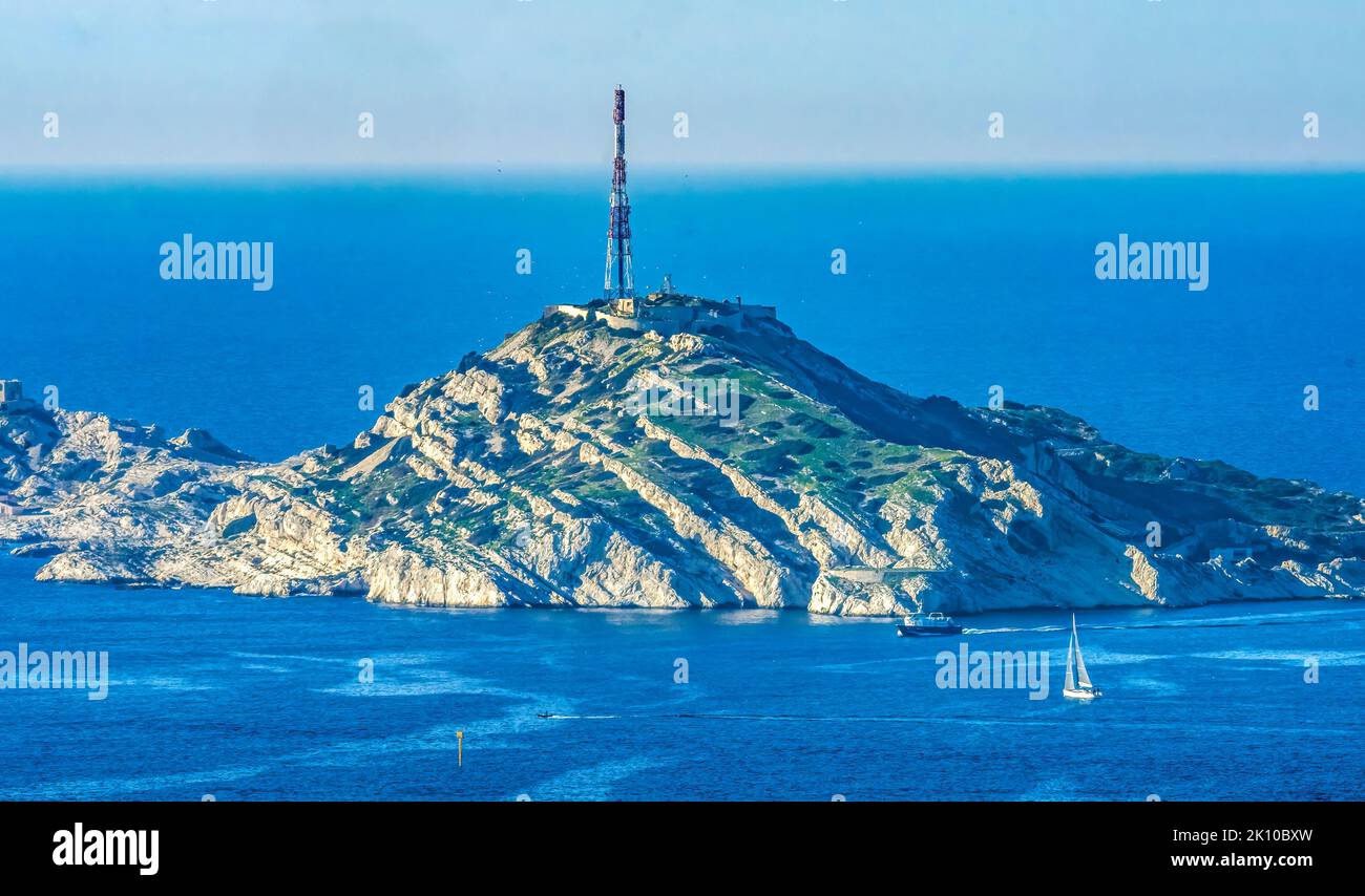Island TV Tower Marseille Cityscape Overview Harbor Marseille Cote d'Azur France. View from Notre Dame Stock Photo