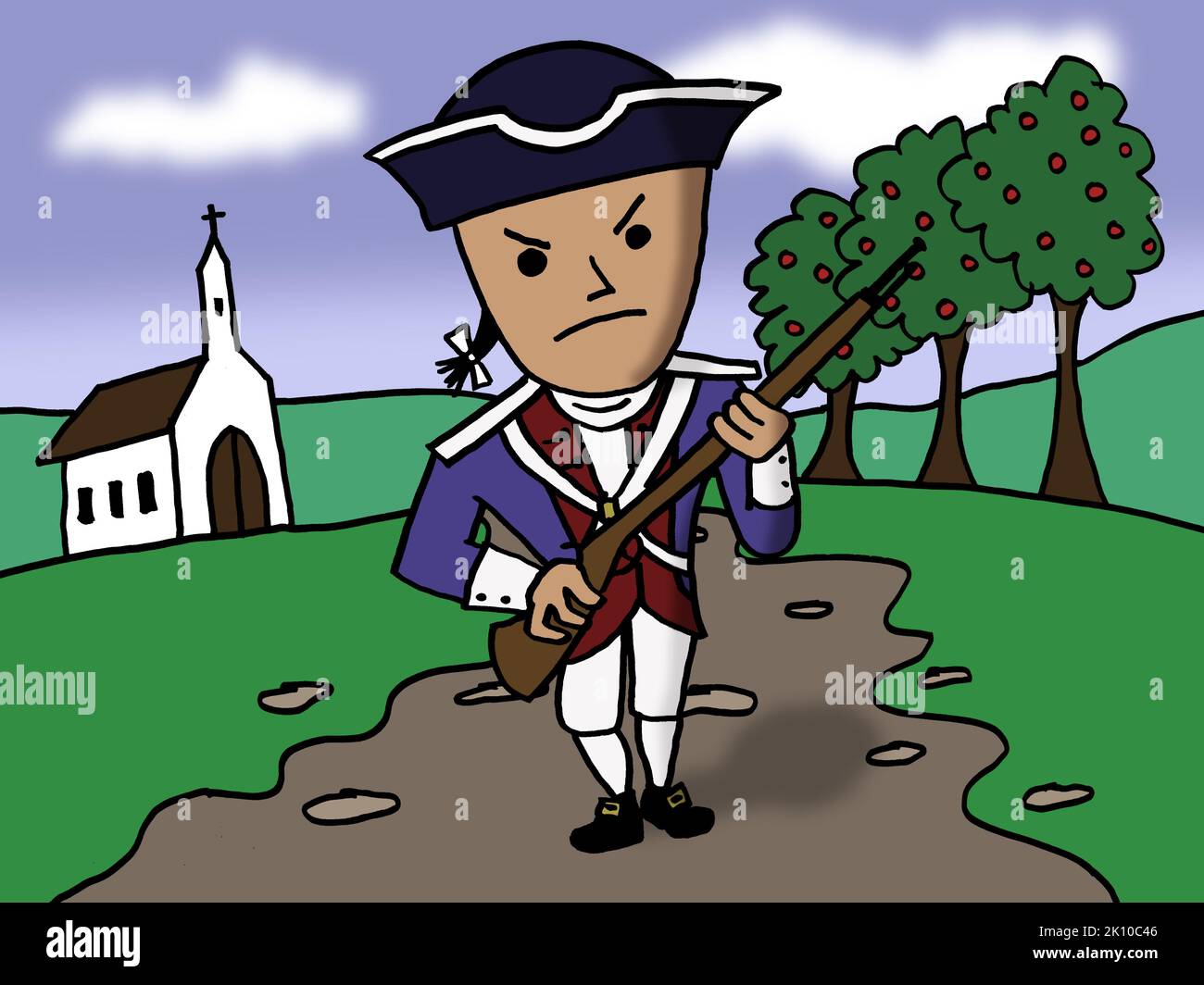 Cartoon of a minuteman soldier, from the American Revolutionary War, on guard to defend the country. Stock Photo