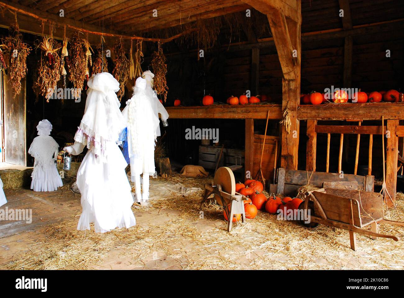 Ghosts made of sheets make for traditional Halloween decorations in a historic wooden barn in Sleepy Hallow in Autumn Stock Photo