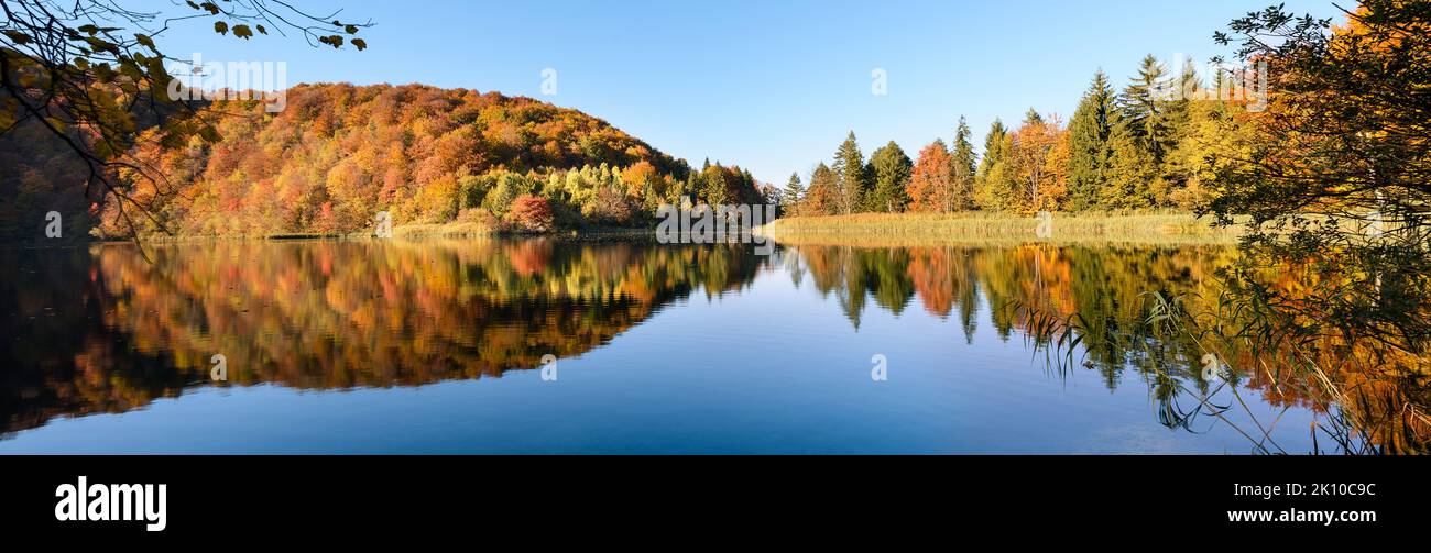 landscape with turquoise water, waterfalles and mountains, beautiful view of the lake. Plitvice Lakes Stock Photo