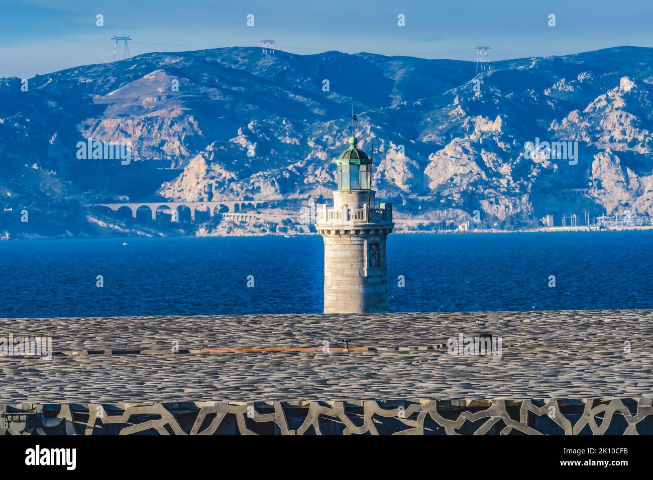 Museum Harbor Lighthouse Mediterranean Sea Marseille Cityscape Cote d'Azur France. Stock Photo