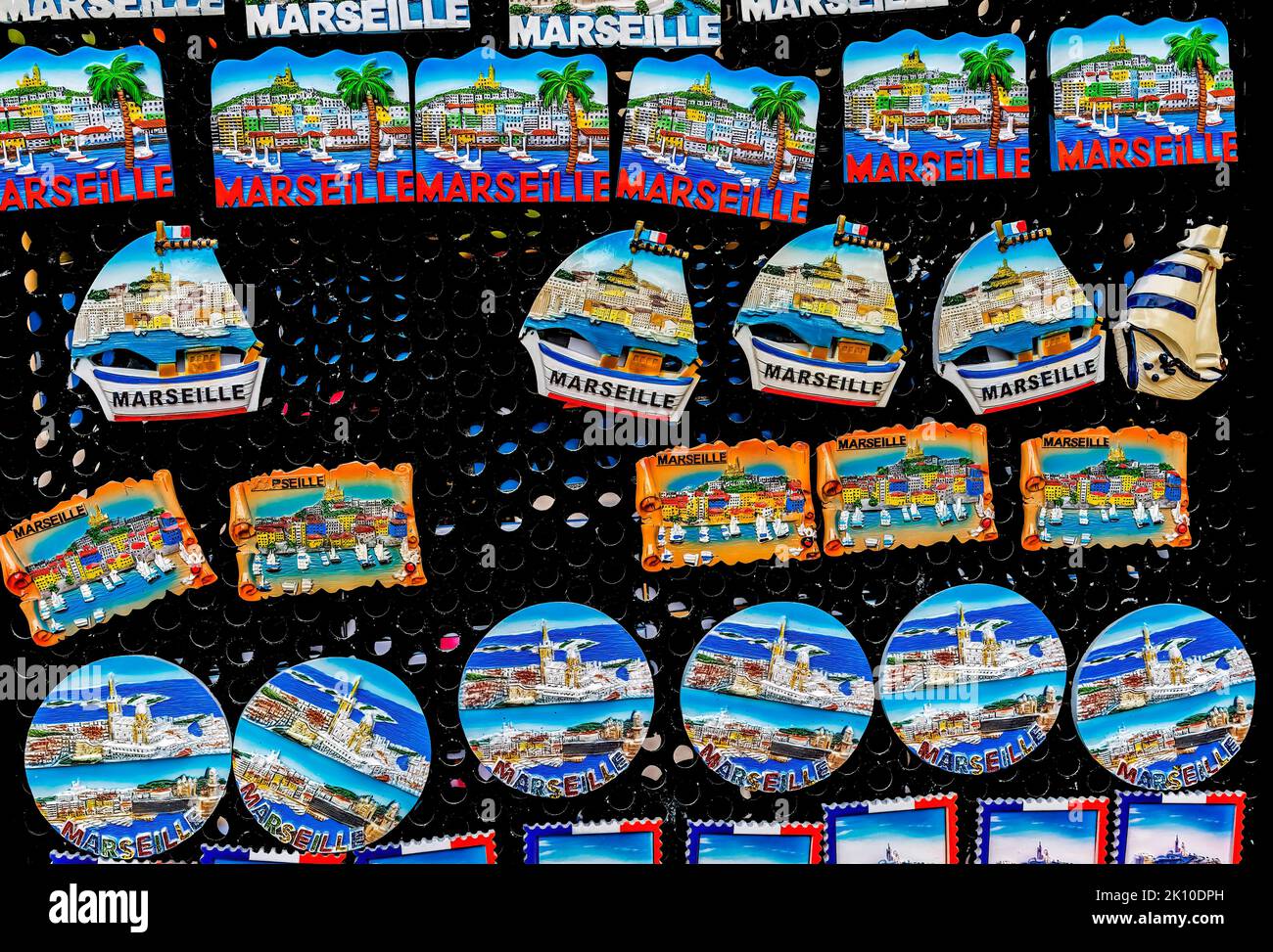 Refrigerator Magnets Souvenirs Marseille France. Stock Photo