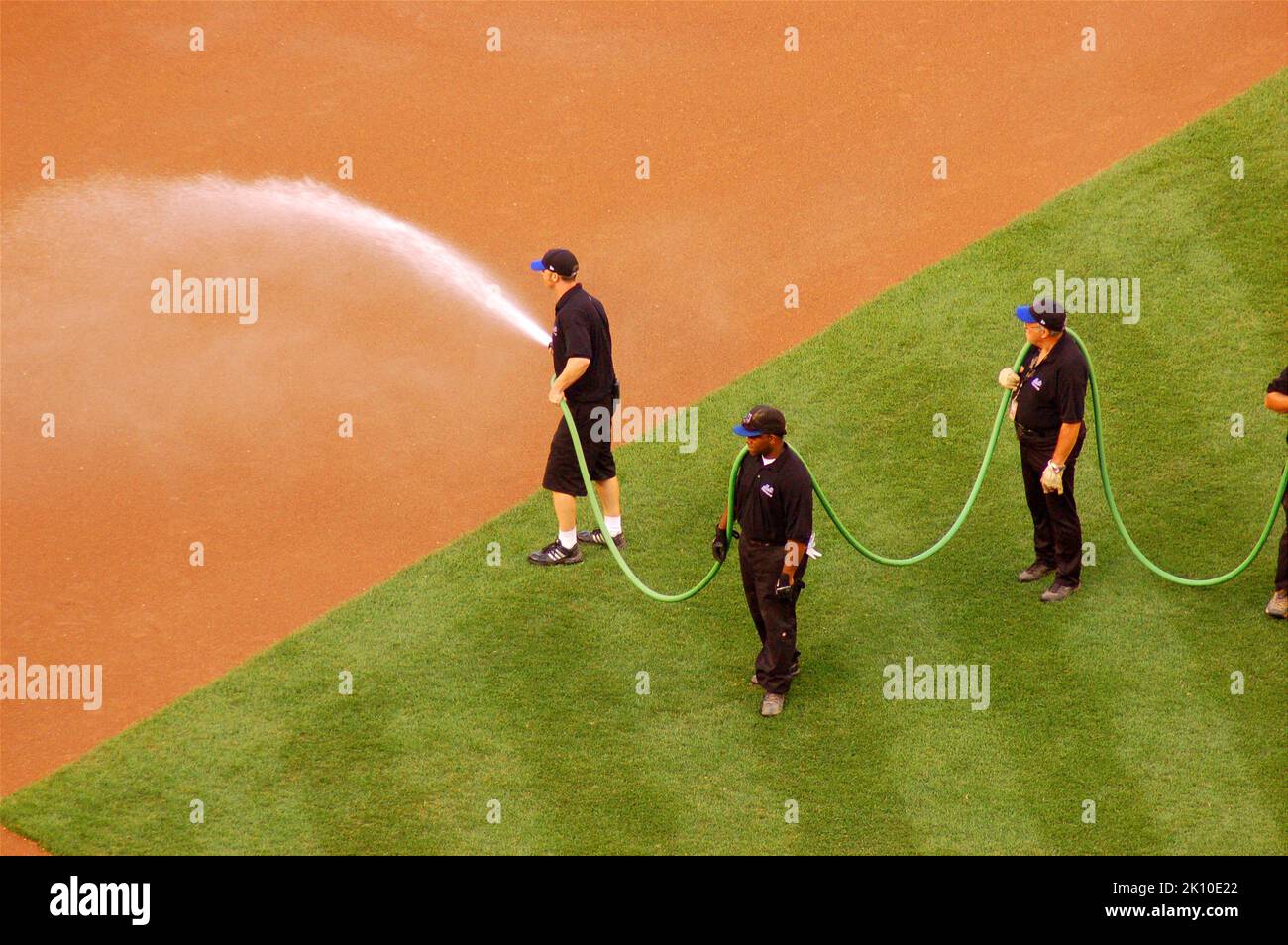 A grounds crew Team prepares the baseball field by watering down the infield dirt with a hose prior to the game's start Stock Photo