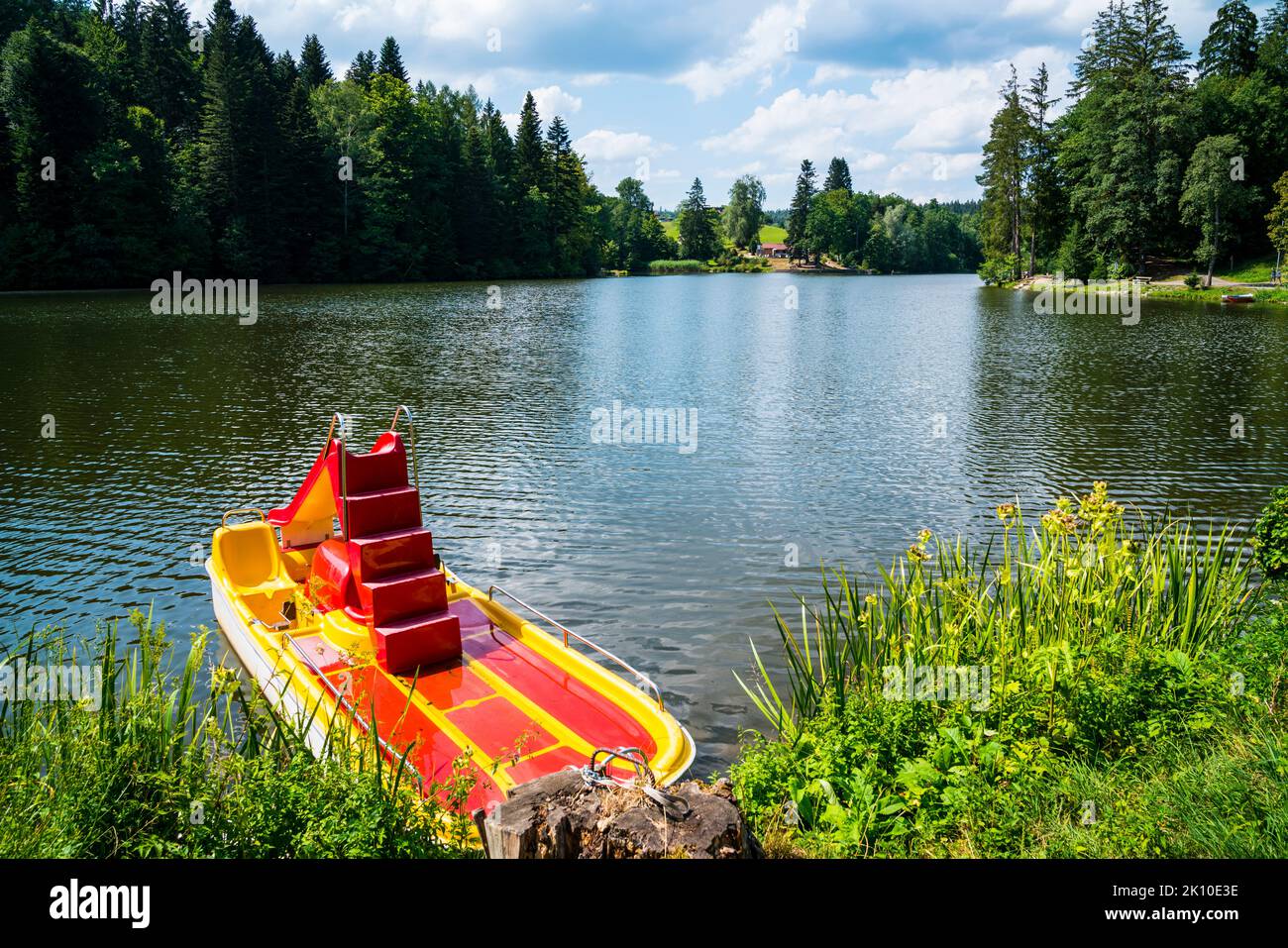 Germany, Pedal boat at ebnisee lake in beautiful swabian forest near kaiserbach and welzheim in summer Stock Photo