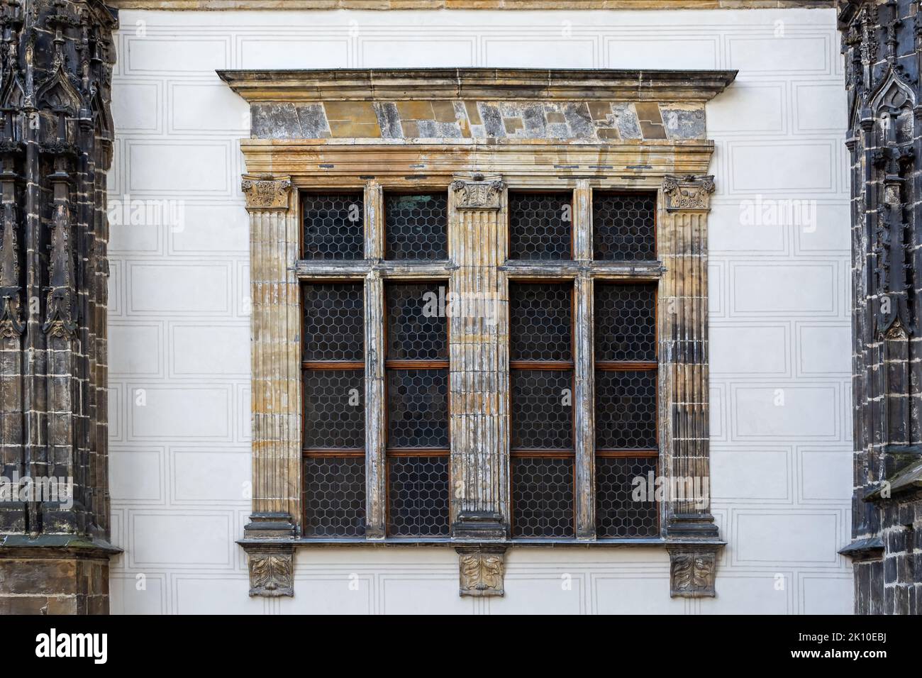 Rectangular window with a small lattice on the background of a light ...