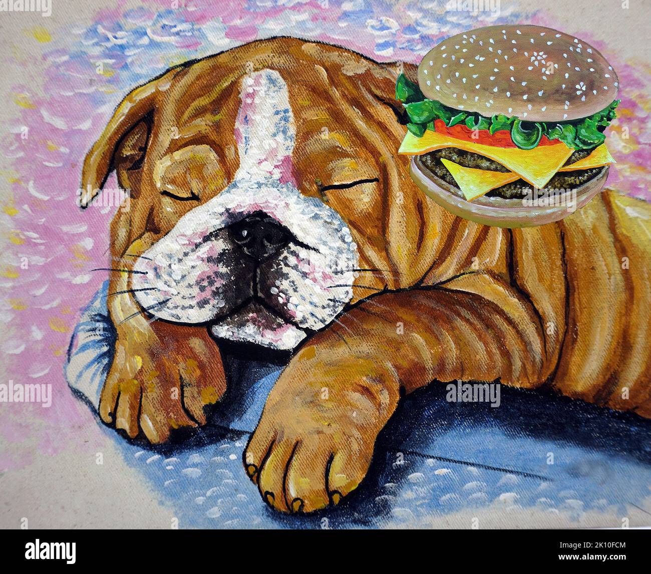 oil painting Bulldog dreams of eating a hamburger Stock Photo Alamy