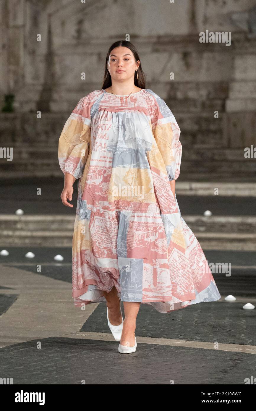 A model walks the runway during the Laura Biagiotti fashion show  Spring-Summer 2023 collection at Campidoglio Square in Rome. (Photo by  Stefano Costantino / SOPA Images/Sipa USA Stock Photo - Alamy