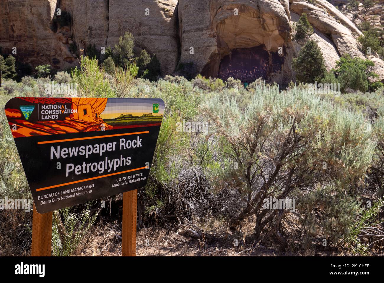 Petroglyphs  Newspaper Rock in San Juan County, Utah, is covered with hundreds of petroglyphs. Stock Photo