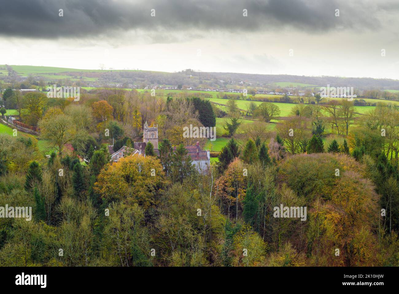 The village of Rowberry from Dolebury Warren hill fort in the Mendip Hills Area of Outstanding Natural Beauty, Somerset, England. Stock Photo