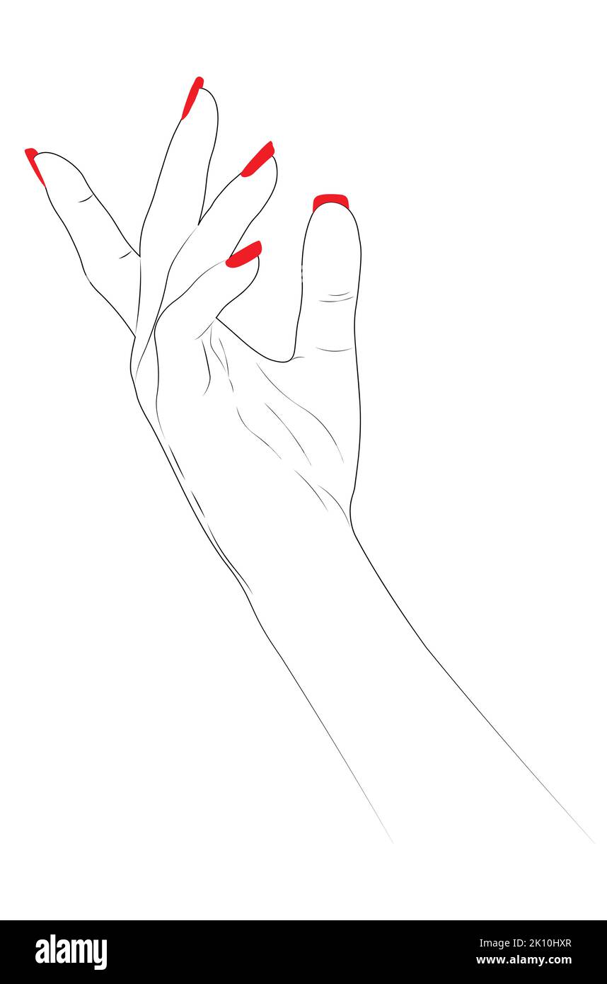 Human hand with red nail polish, line art style, minimalism Stock