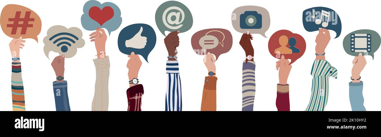 Group hands up of diverse culture of people holding speech bubble with social media signs and symbols. Concept sharing friendship exchange community Stock Vector