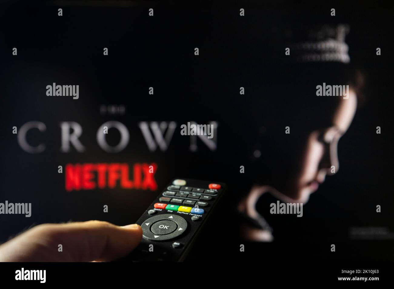 Belgrade, Serbia - September 12, 2022: Watching TV Show The Crown on