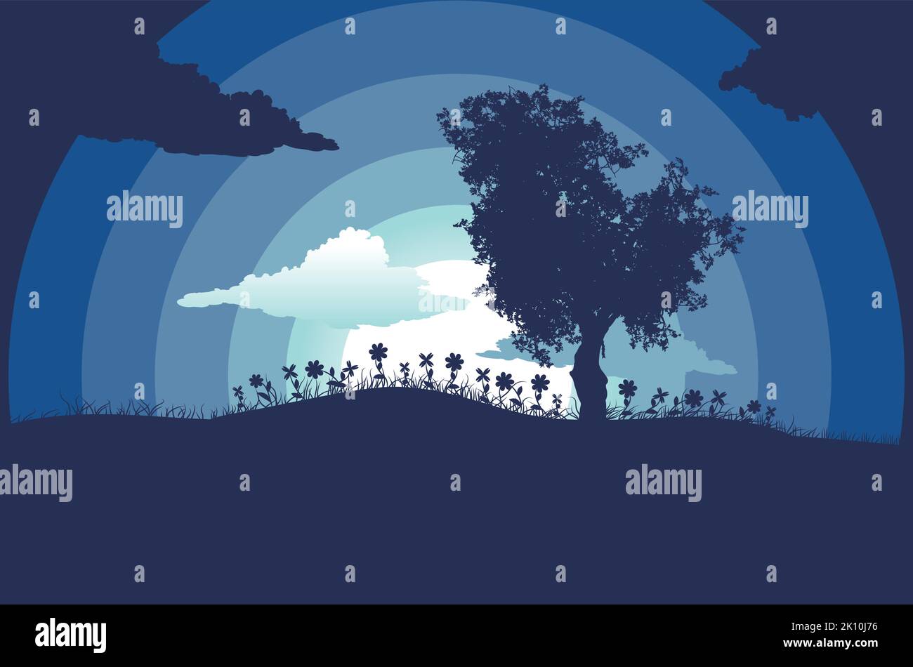 Dark night landscape with tree and grass silhouette illustration. Stock Vector