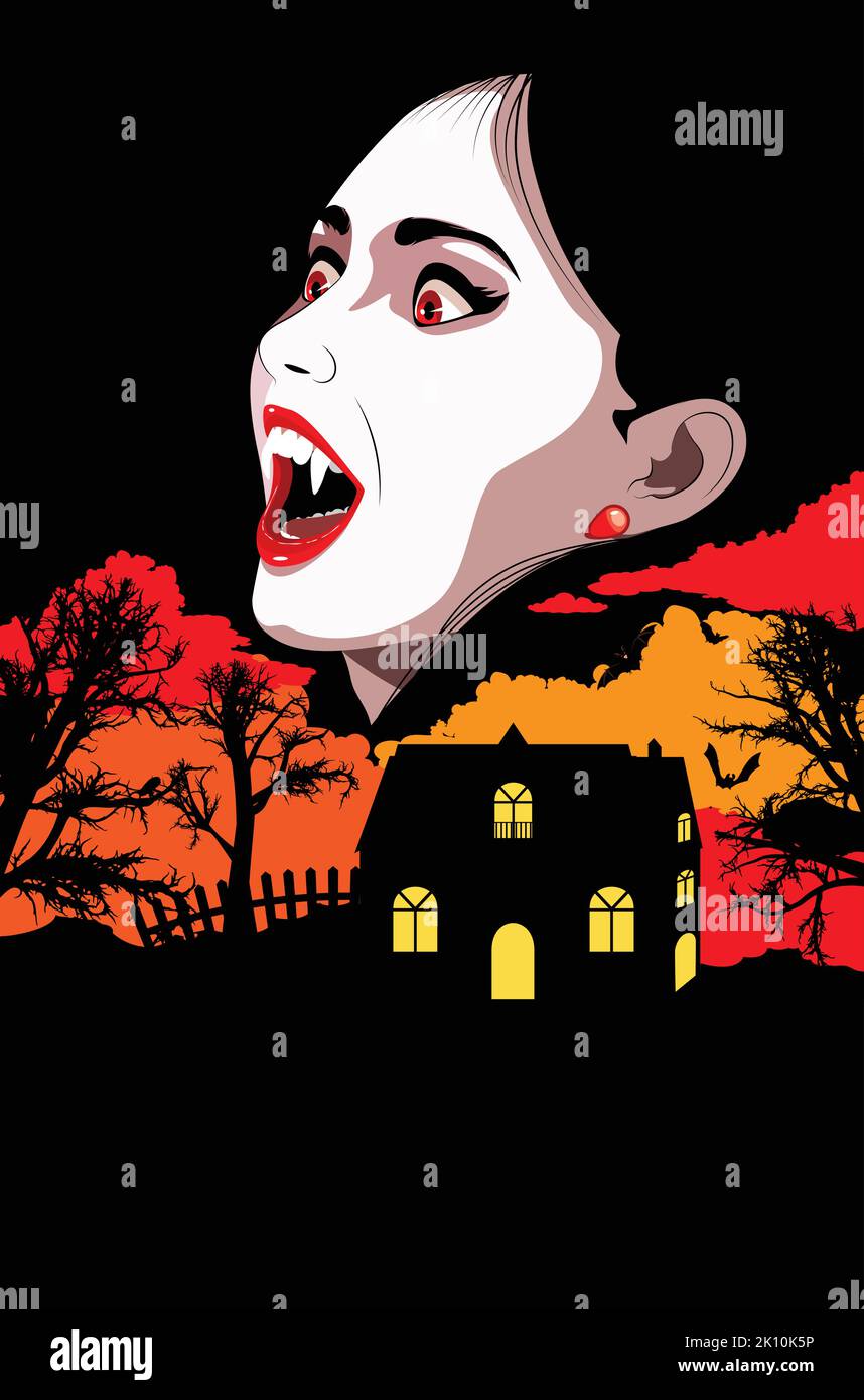 Portrait of a vampire woman with red eyes and lips, black hair and house with spooky trees. Stock Vector