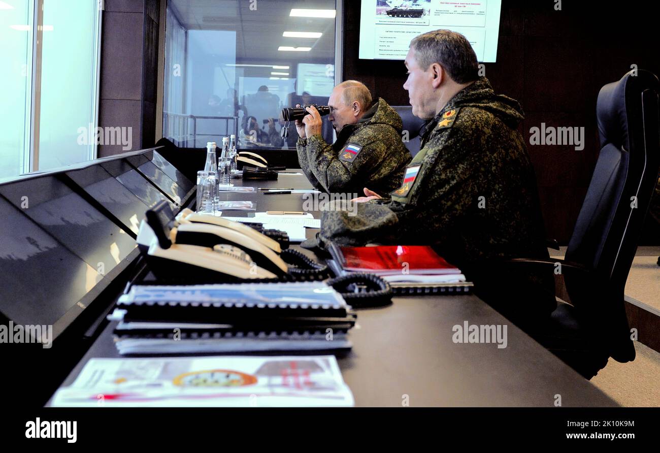 Vladimir Putin - Vostok 2022 Command Post Exercise - Vladimir Putin observed the main stage of the Vostok-2022 strategic command post exercise at the Sergeyevsky range in the Primorye Territory. With Chief of the General Staff of the Russian Armed Forces and First Deputy Defence Minister Valery Gerasimov. Stock Photo