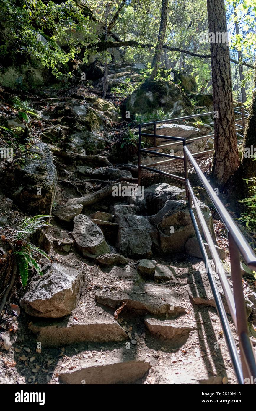 The steep and rugged stone steps and railing leading visitors to viewpoint for upper Whiskeytown Falls, near Redding, California. Stock Photo