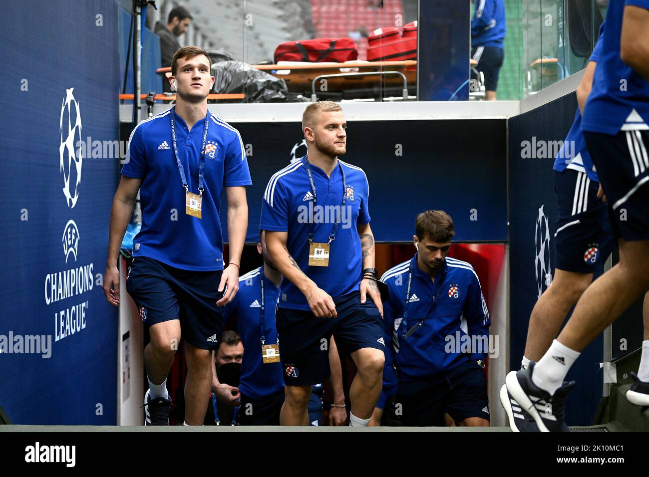 MILAN, ITALY - SEPTEMBER 14: Daniel Stefulj, Petar Bockaj and Dario Spikic of Dinamo Zagreb  make their way out from the tunnel prior to the UEFA Champions League group E match between AC Milan and Dinamo Zagreb at Giuseppe Meazza Stadium on September 14, 2022 in Milan, Italy.  Photo by Marko Lukunic/Pixsell Stock Photo