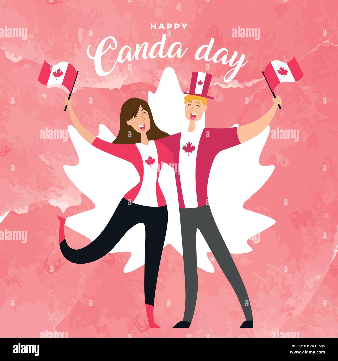 Happy couple cartoon waving flags of Canada Happy Canada day Vector Stock Vector