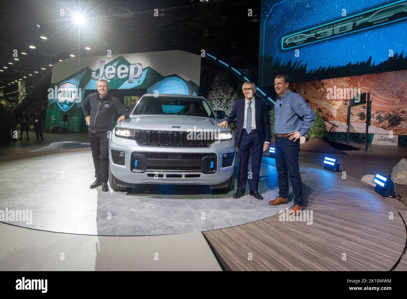 Detroit, Michigan, USA. 14th Sep, 2022. Stellantis executives pose with a Jeep Grand Cherokee 30th anniversary edition at the North American International Auto Show. From left: Christian Meunier, Jeep CEO; Carlos Tavares, Stellantis CEO; and Jim Morrison, head of Jeep Brand North America. Credit: Jim West/Alamy Live News Stock Photo