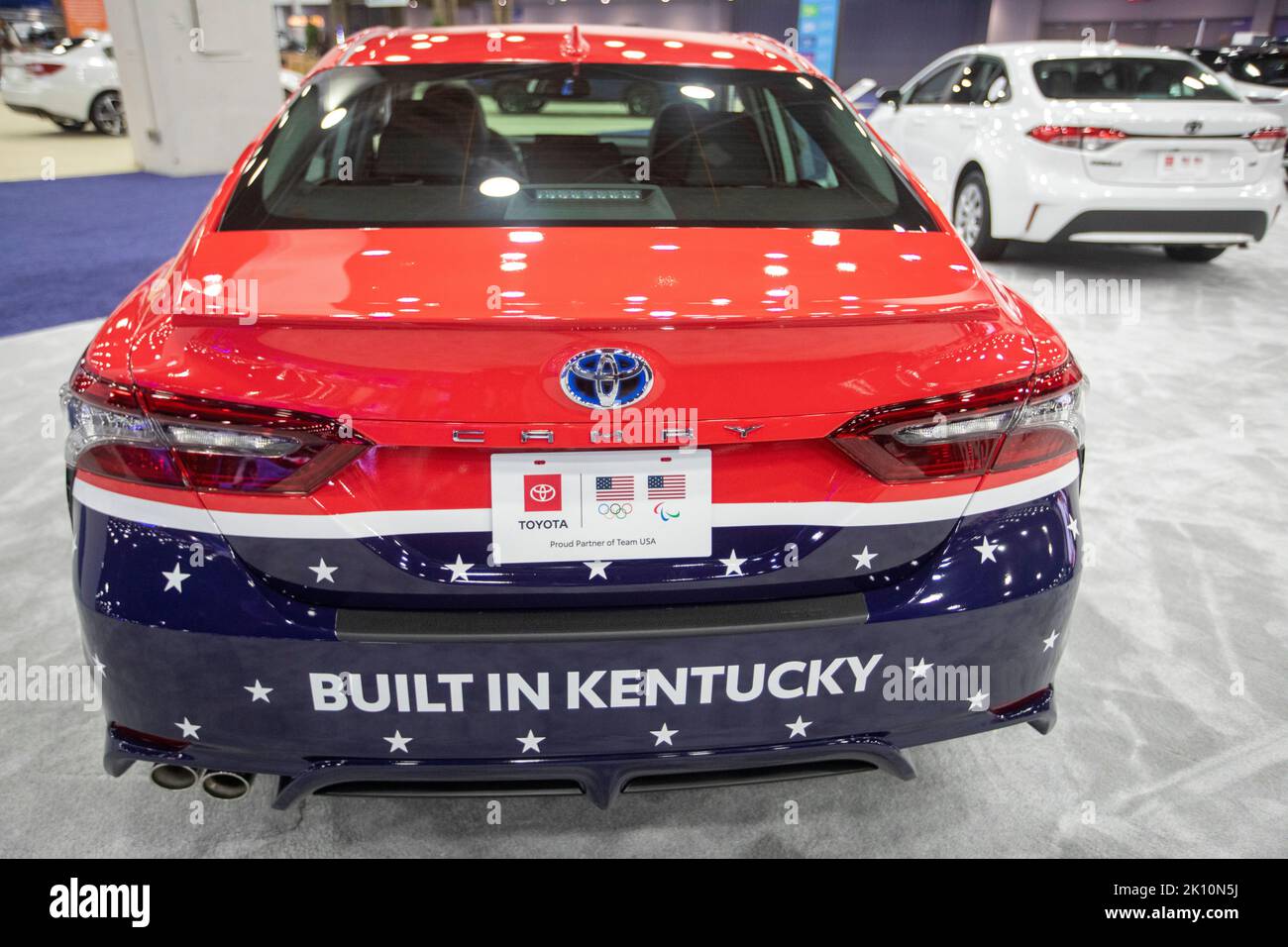 Detroit, Michigan, USA. 14th Sep, 2022. The Toyota Camry on display at the North American International Auto Show. The Japanese company advertises that its vehicles are made in America. However, its American plants are not unionized. Credit: Jim West/Alamy Live News Stock Photo
