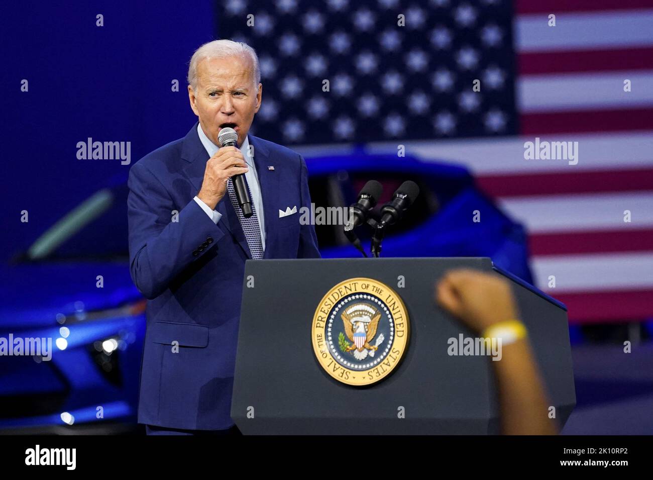 U.S. President Joe Biden is cheered as he delivers remarks during a visit to the Detroit Auto Show in Detroit, Michigan, U.S., September 14, 2022. REUTERS/Kevin Lamarque Stock Photo