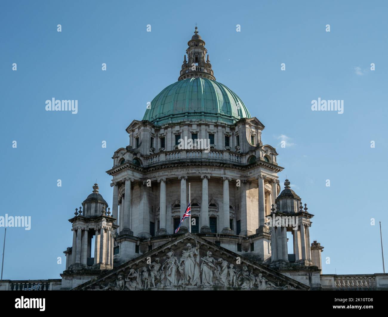 Belfast, Northern Ireland, UK, 13 September 2022. City Hall Union Flag at Half Mast on death of Queen Elizabeth II Stock Photo