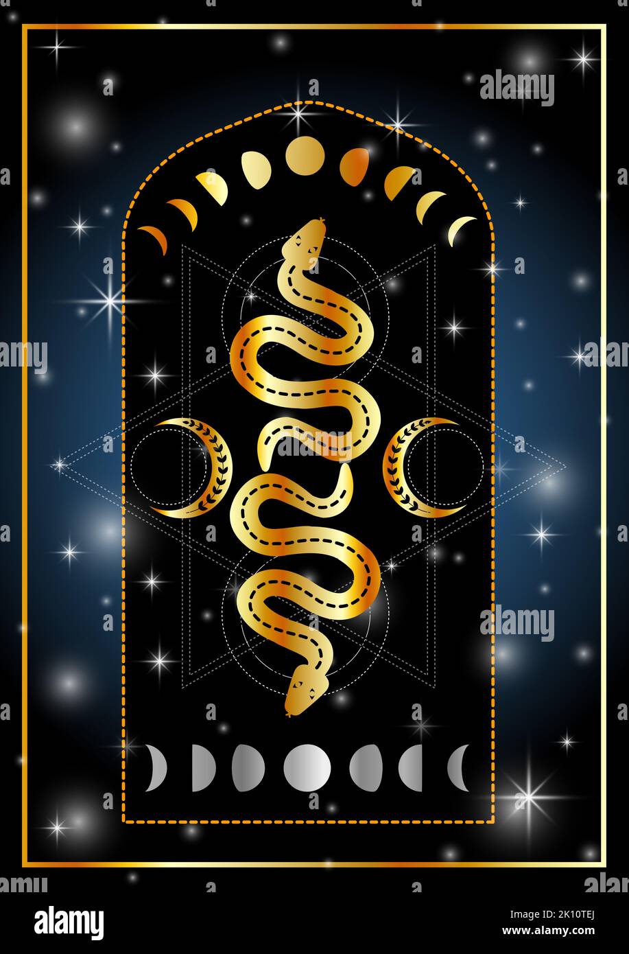 Golden occult magick snakes triple goddess fertility symbol with moon phases Stock Photo