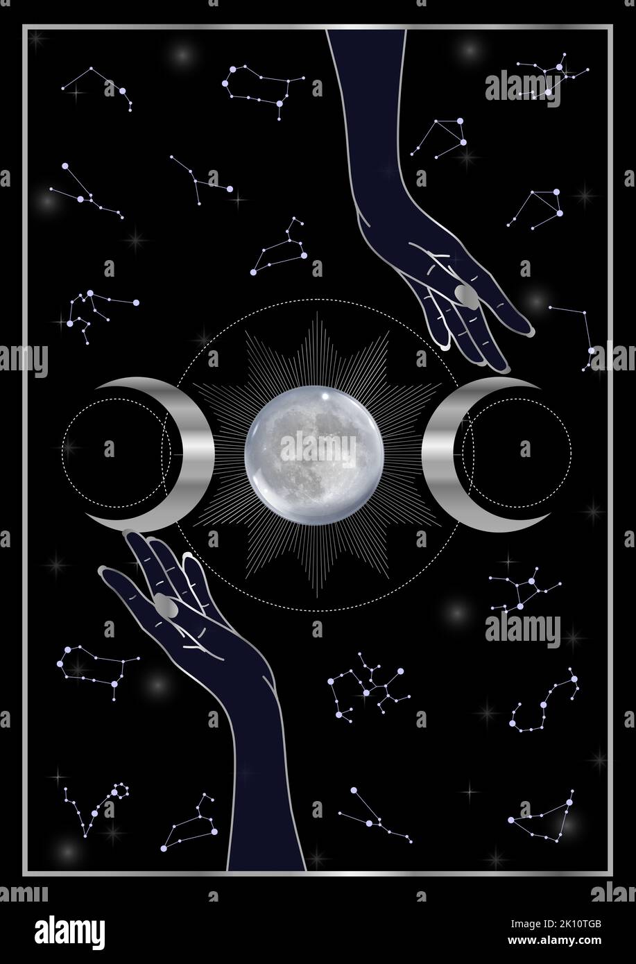 Hands blessing a magic ritual- Pagan dark forces invocation with moon ...