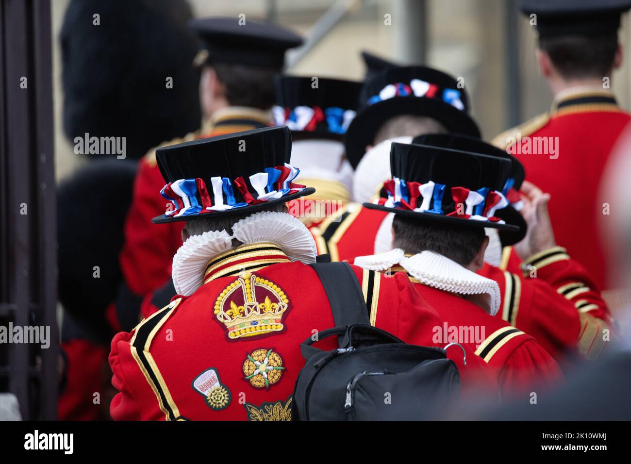 London, UK. 14th Sep, 2022. Yeoman Warders (Beefeaters) arrive at the Houses of Parliament to stand guard at HM The Queens Coffin in the Great Hall of Westminster Credit: Ian Davidson/Alamy Live News Stock Photo