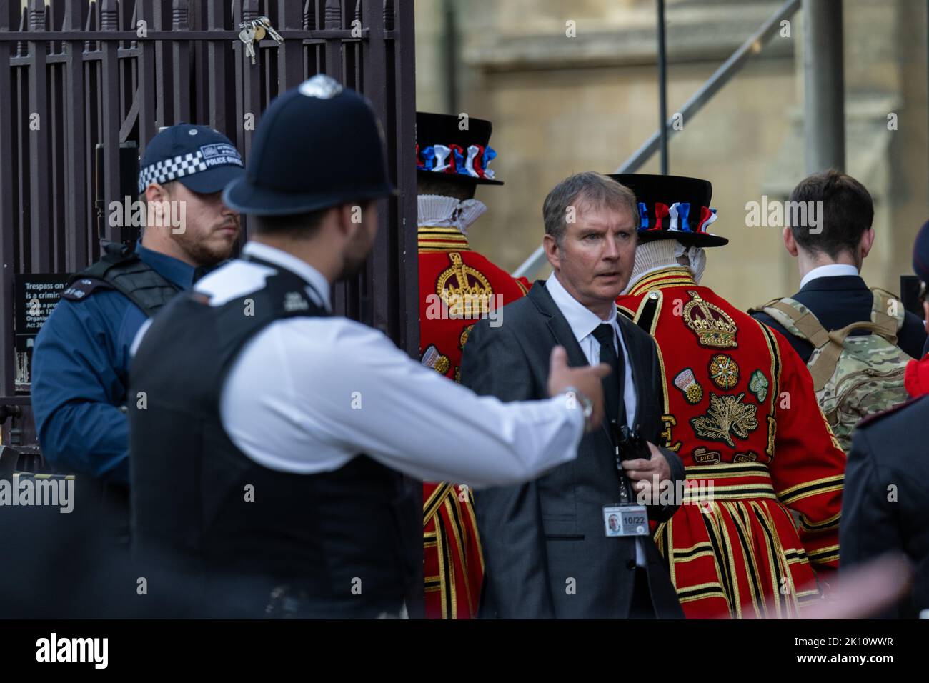 London, UK. 14th Sep, 2022. Yeoman Warders (Beefeaters) arrive at the Houses of Parliament to stand guard at HM The Queens Coffin in the Great Hall of Westminster Credit: Ian Davidson/Alamy Live News Stock Photo