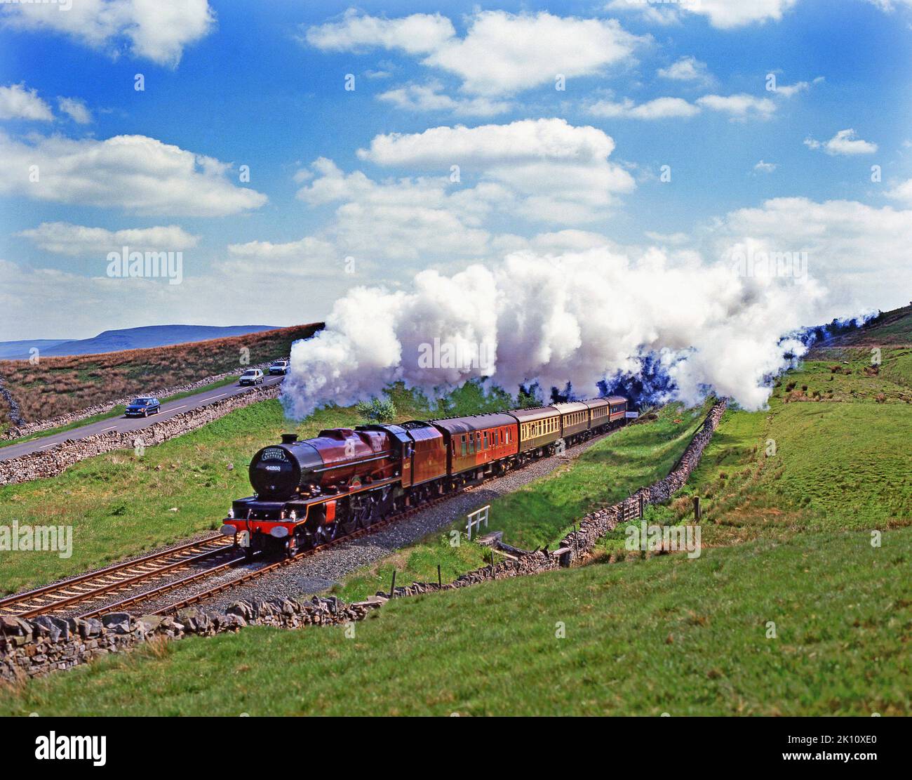 Stanier Locomotive no 46203 Princess Margaret Rose coming out of Shotlock Hill Tunnel, Settle to Carlsile Railway, England Stock Photo
