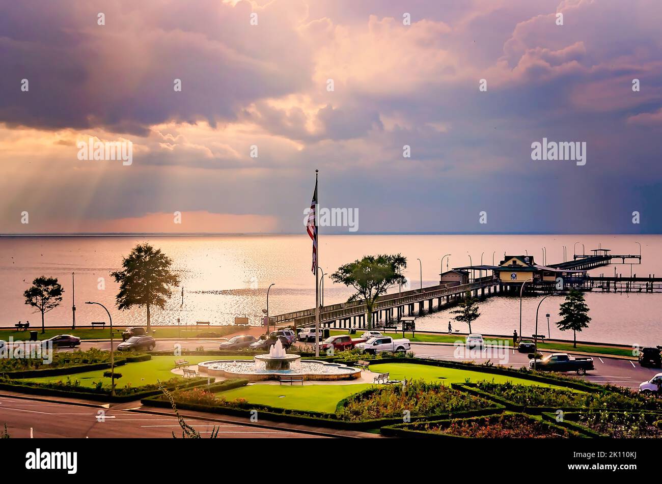 Fairhope Municipal Pier is pictured from above, Sept. 8, 2022, in Fairhope, Alabama. The first wooden pier was built on the site in 1895. Stock Photo