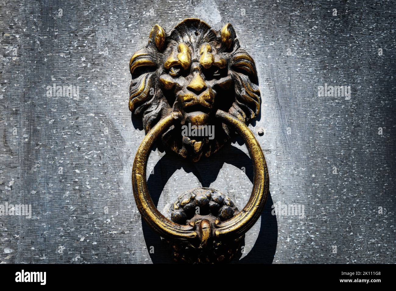 Brass lion head shaped door knocker Stock Photo