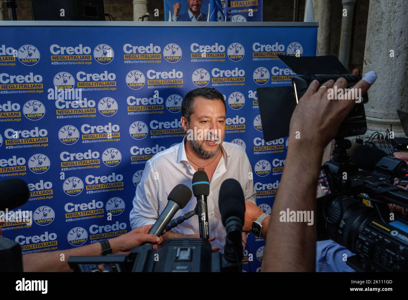 Italy, Marche region, Ascoli Piceno, September 14, 2022 - Chiosco di San Francesco, National elections 2022 - Matteo Salvini, leader of Lega political party, meets citizens, candidates and regional councilors. In Italy on September 25 there will be political elections | Credit: Andrea Vagnoni/Alamy Live News Stock Photo