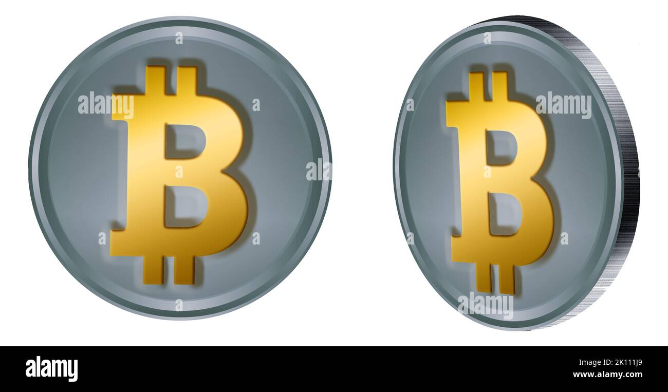 Bitcoins are seen in a 3-d illustration on a transparent background. Stock Photo