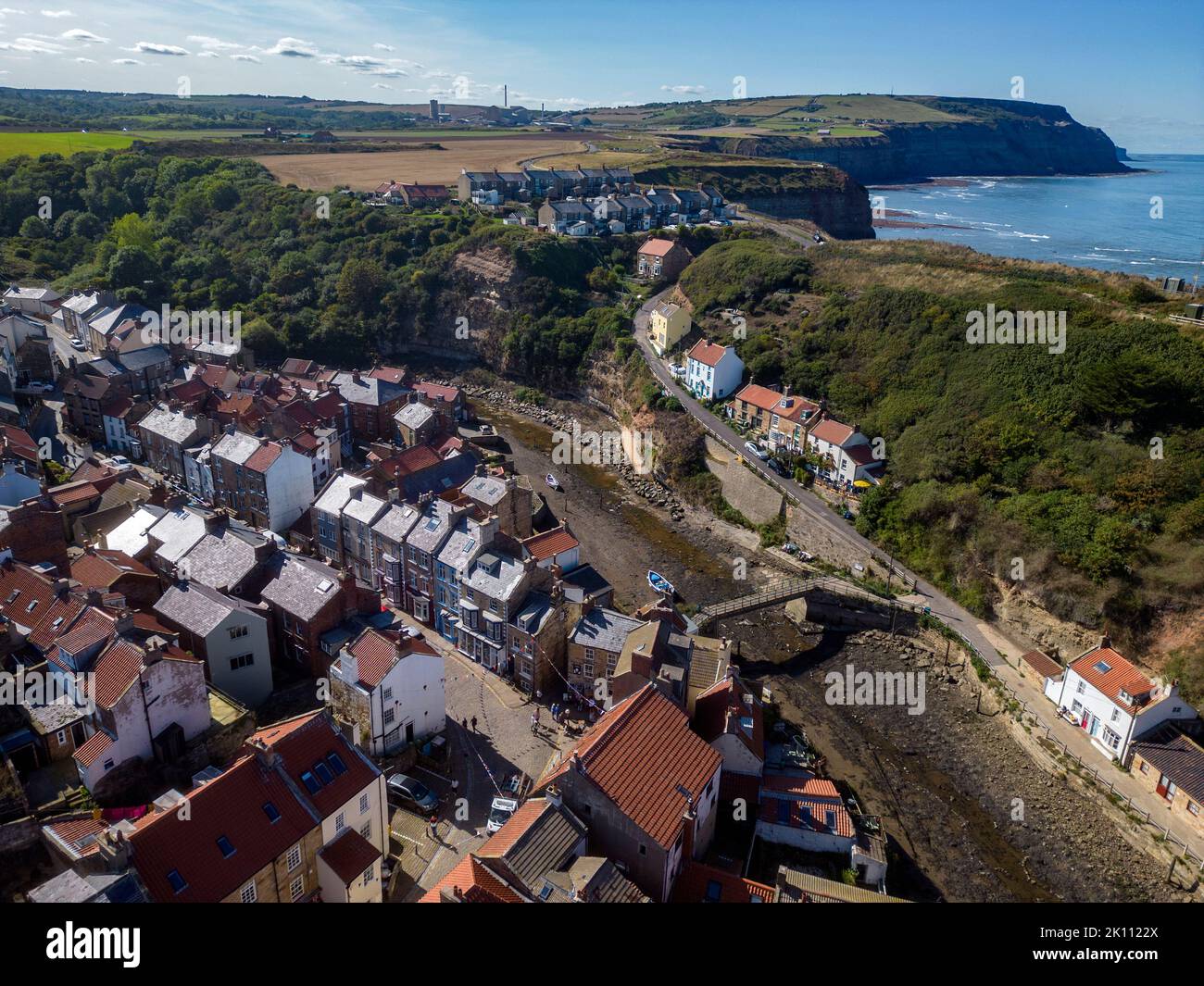 Aerial view of the village of Staithes on the North Yorkshire coast in the United Kingdom. Formerly one of the many fishing centers in England, Staith Stock Photo