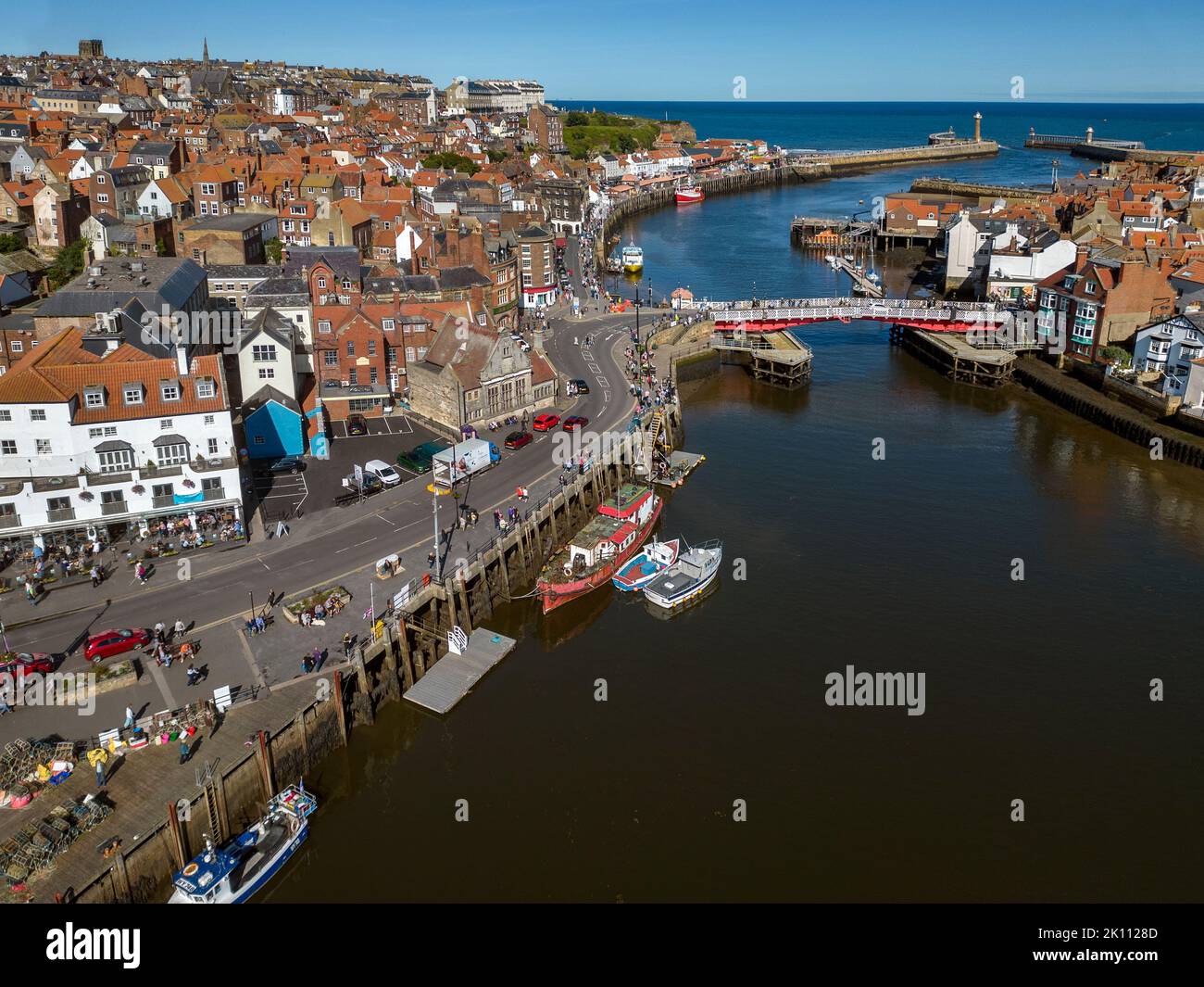 Aerial view of Whitby harbor on the North Yorkshire coast in the United Kingdom. Stock Photo