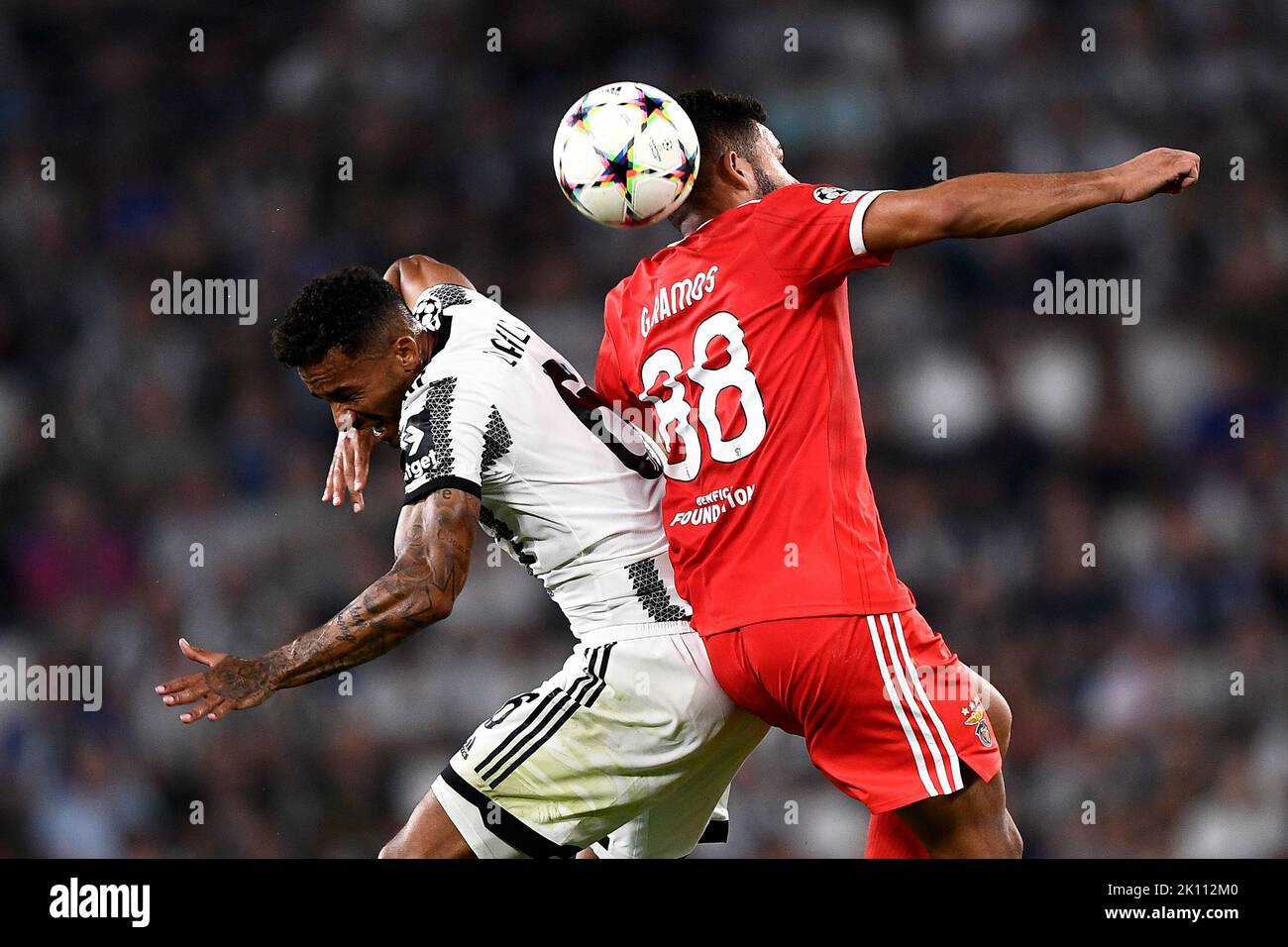 Turin, Italy. 14 September 2022. Goncalo Ramos of SL Benfica competes for a header with Danilo Luiz da Silva of Juventus FC during the UEFA Champions League football match between Juventus FC and SL Benfica. Credit: Nicolò Campo/Alamy Live News Stock Photo