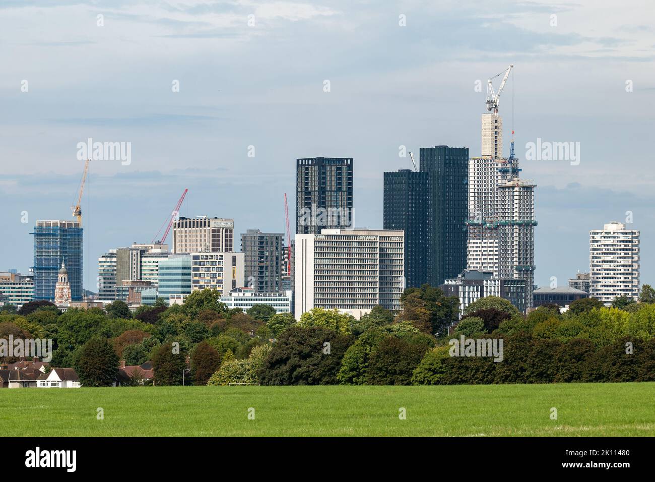 Croydon's tallest buildings: Skyscrapers Ten Degrees and College Road with No 1 Croydon (NLA Tower) and Croydon Clocktower for comparison. Stock Photo