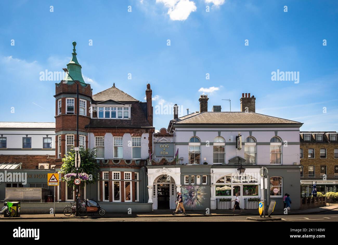 London, UK, July 2022, view of the Dog and Fox, a pub and hotel in Wimbledon Village high street Stock Photo