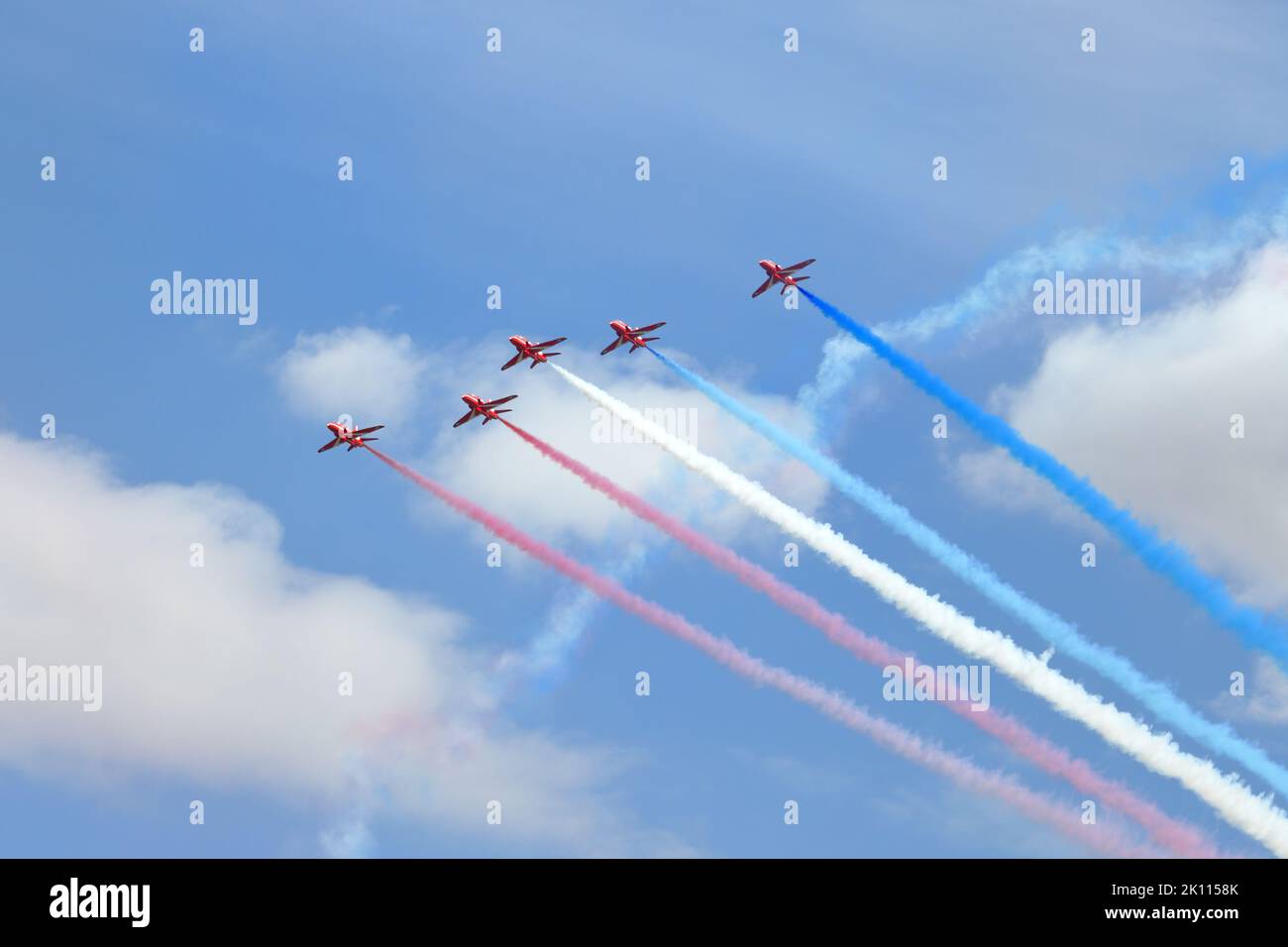 Kempsford, UK - July 15,  2022: RAF aerobatic team Red Arrows air show performance Stock Photo