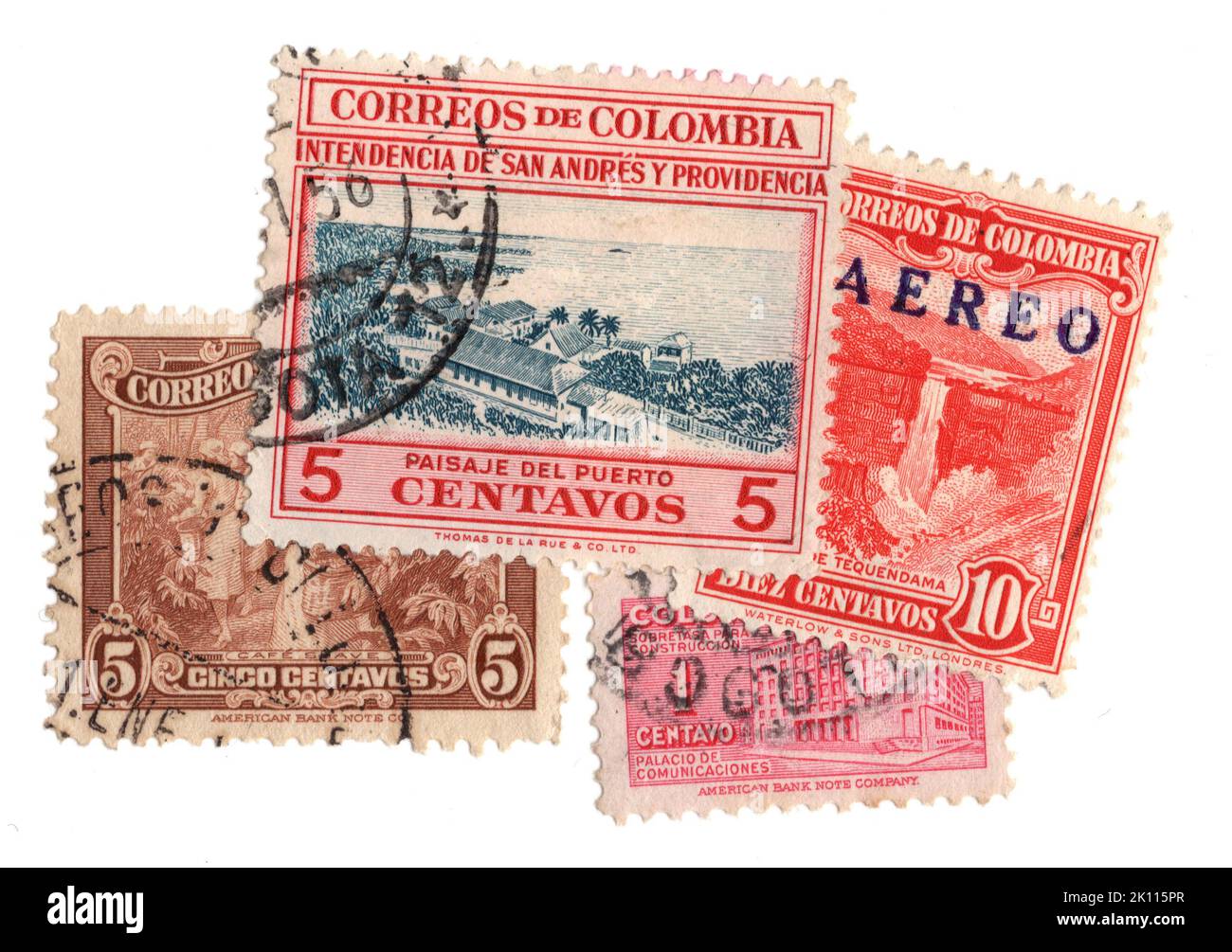 A montage of vintage postage stamps from Colombia on a white background. Stock Photo