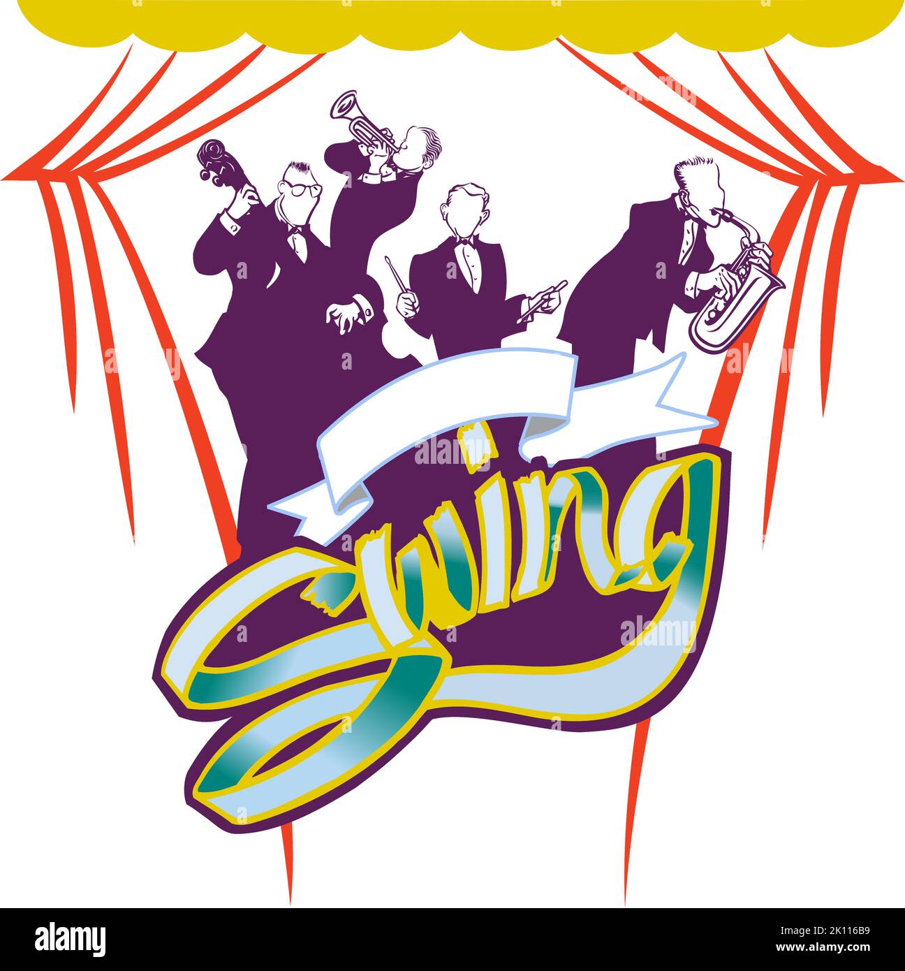 swing jazz band base guitar, horn, drums, trumpet Stock Vector Image