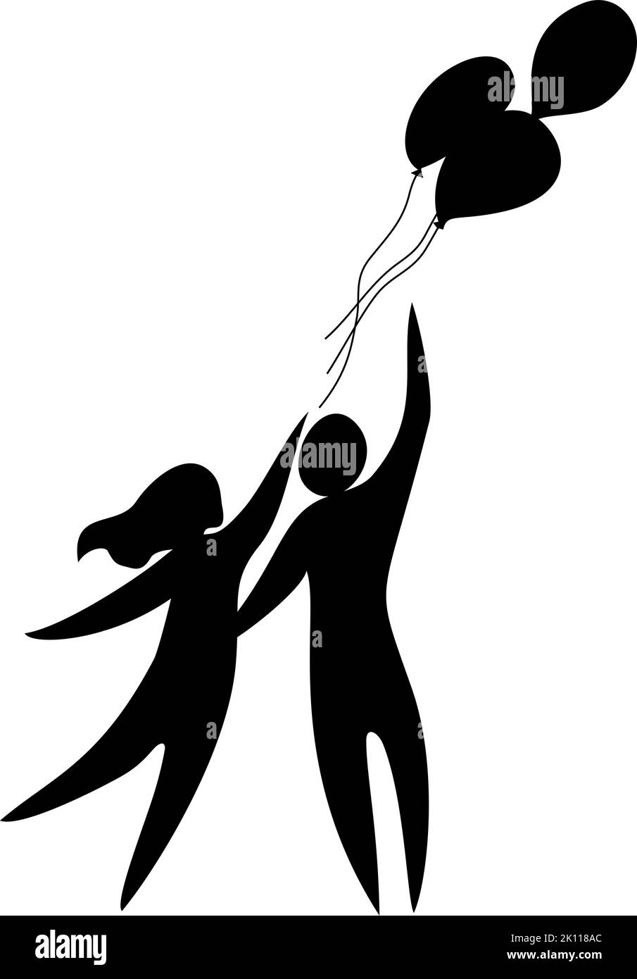 Romantic abstract silhouette of loving couple with flying balloons. Black isolated on white. Valentines Day 14 February. Happy Lovers. Vector illustra Stock Vector