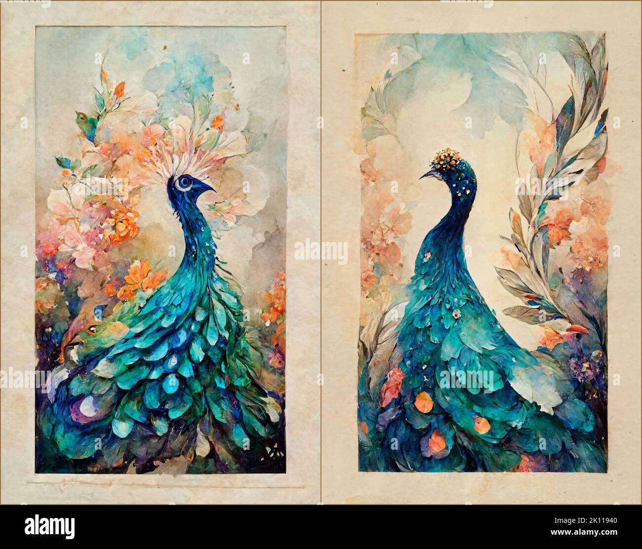 Drawing peacock wall digital art with flowers. 3d modern wall decor Stock Photo Alamy