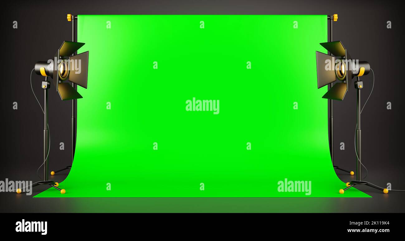Green screen background TV studio with spotlights on stands for a movie